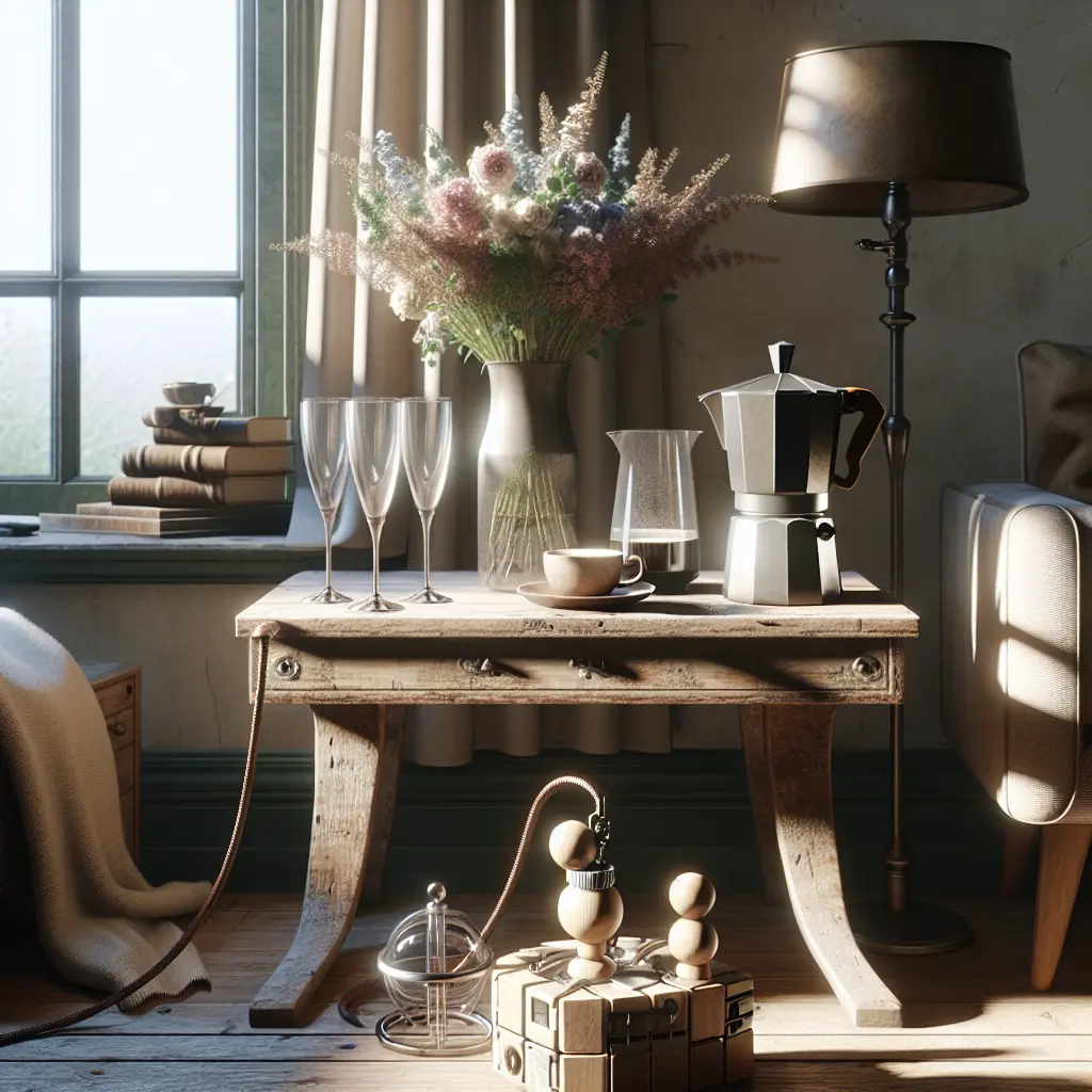 Rustic wooden table displaying vintage coupe glasses, moka pot, and fresh flowers in a transitional living space