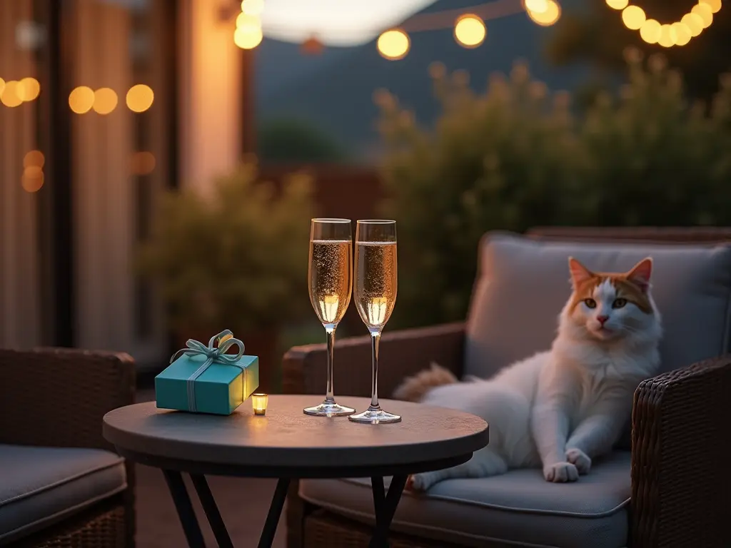 Two champagne flutes and a wrapped gift on a patio table with a relaxed cat nearby, string lights overhead