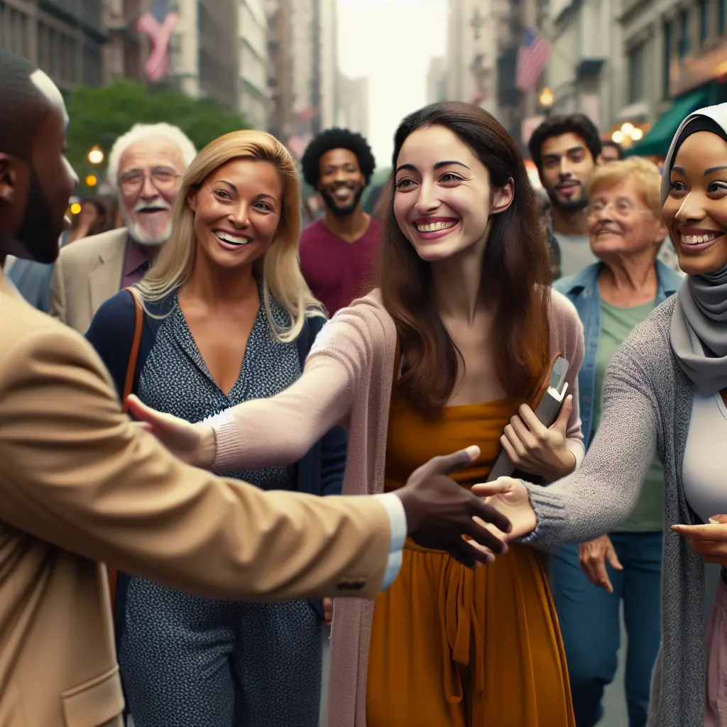 Diverse group of people sharing genuine smiles and greetings on a city street, demonstrating the power of social connection