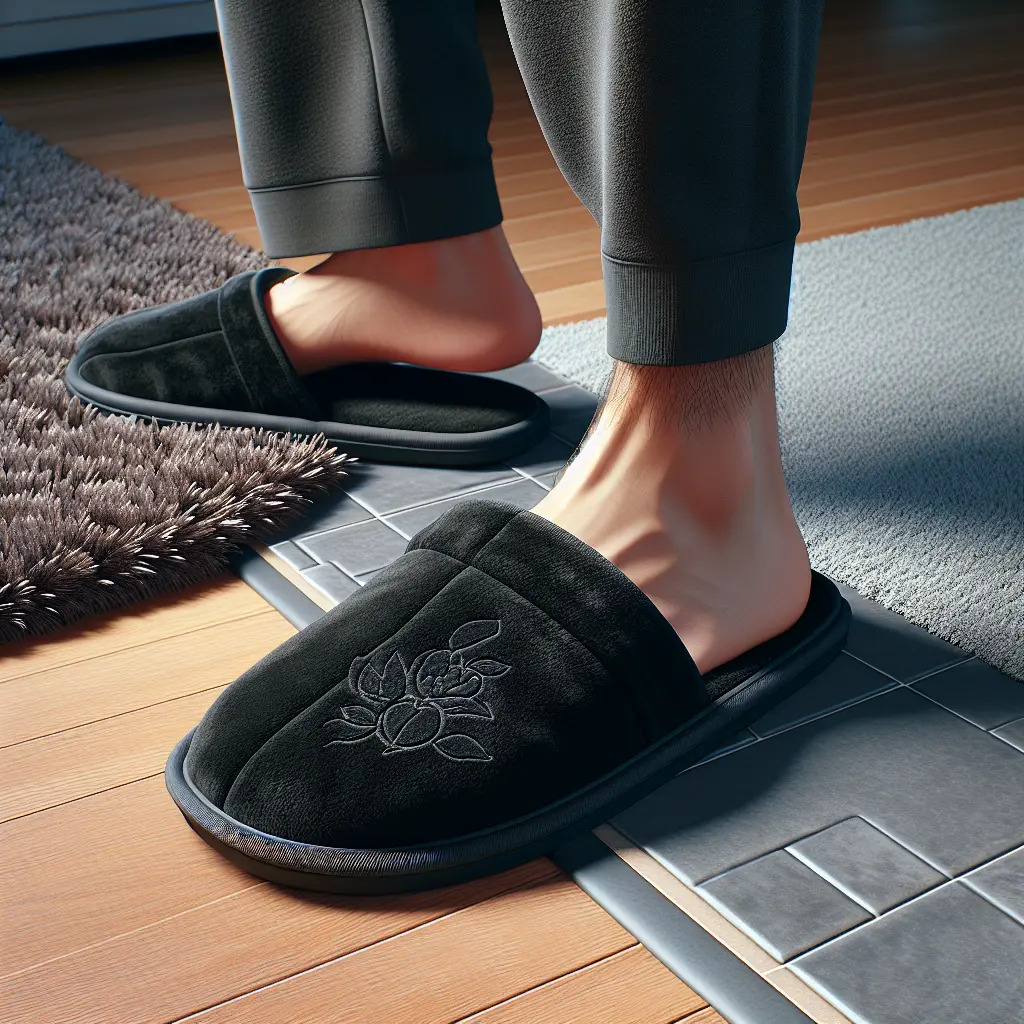 Black suede slippers at the intersection of carpet and hardwood flooring, showing comfortable transition between home surfaces