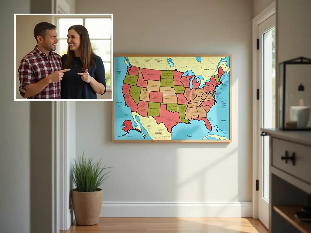 Modern home interior featuring colorful US map wall art with inset photo of couple pointing and smiling.