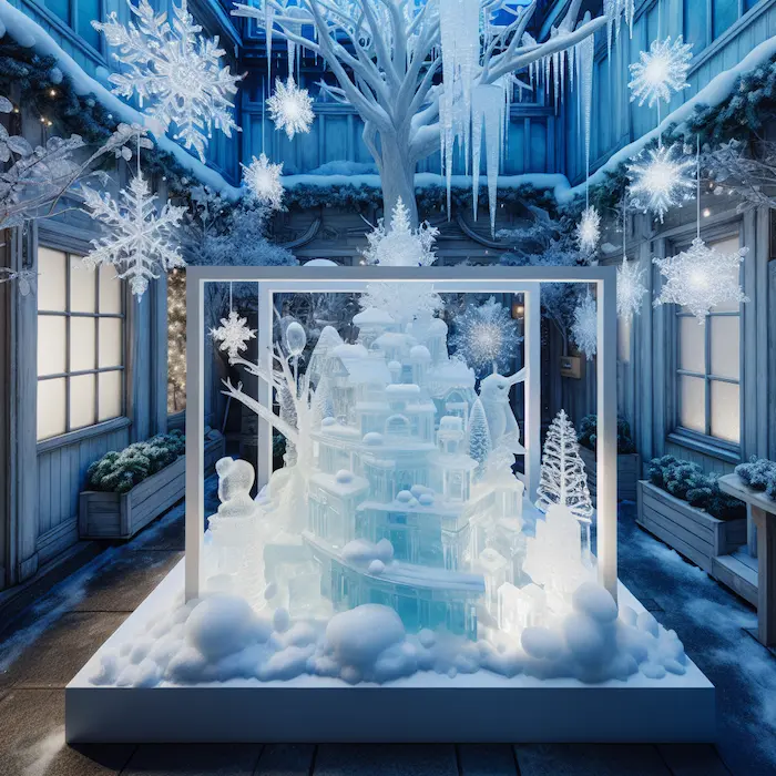 A winter wonderland courtyard featuring faux snow, icy blue lighting, hanging snowflakes, and a central ice sculpture centerpiece.