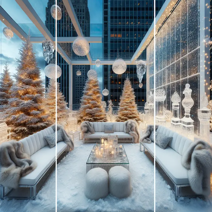 Snow-covered rooftop garden with decorated evergreen trees, ice sculptures, and cozy seating areas featuring faux fur throws.