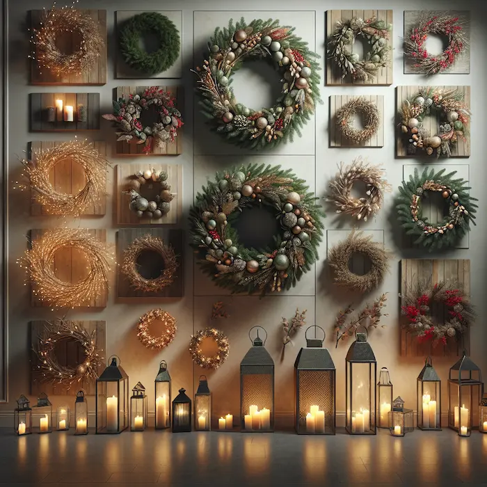 A hallway wall featuring multiple wreaths of different sizes and styles, with lanterns and candles below, creating a cozy holiday atmosphere.