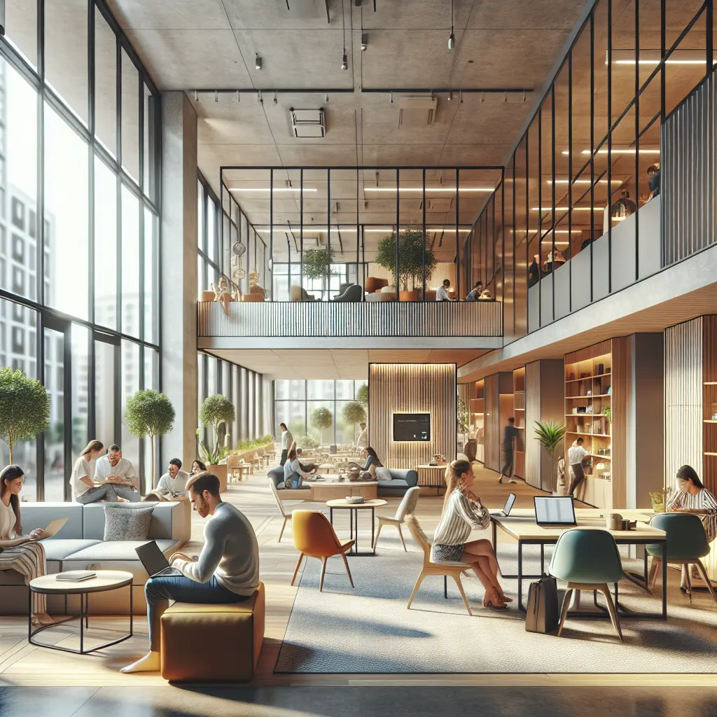 Modern two-story communal workspace with floor-to-ceiling windows, featuring diverse seating arrangements, natural light, and biophilic elements for flexible working and socializing.