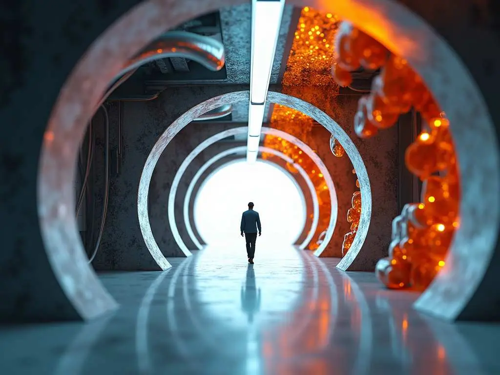 Futuristic tunnel interior featuring circular arches, ambient lighting, and a silhouetted figure walking towards bright light