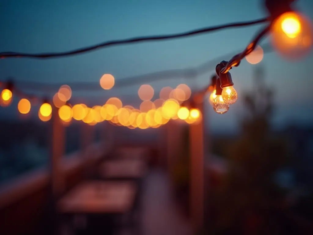 Vintage-style string lights with warm bulbs creating bokeh effect against twilight sky