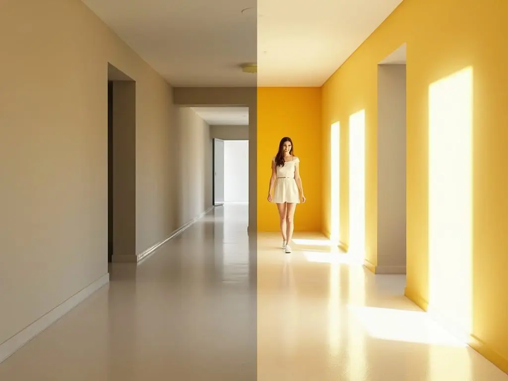 Modern hallway split design showing contrast between neutral and bright yellow walls with natural lighting