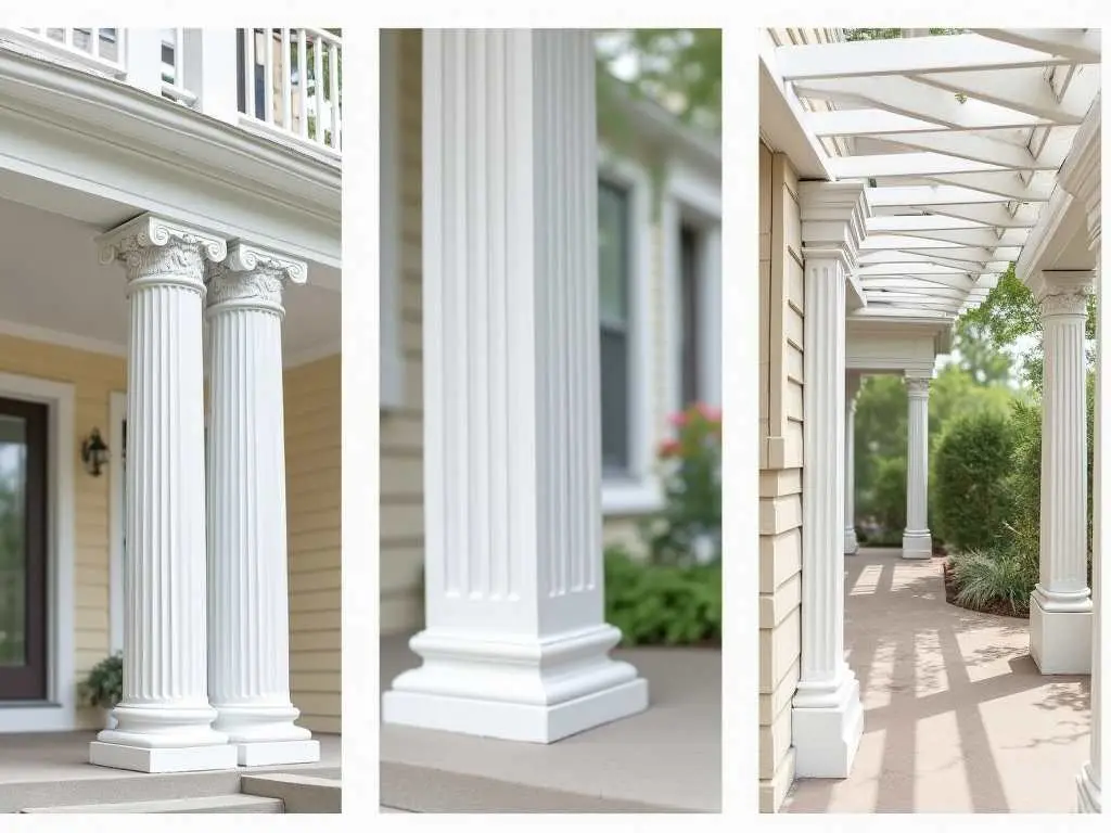 Triptych showing detailed white classical porch columns, base detail, and covered walkway with pergola.