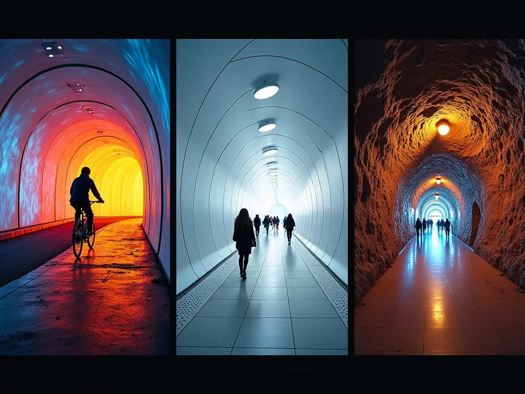 Three modern tunnel designs showing cyclist in colorful tunnel, minimalist white passage, and naturally textured tunnel with lighting