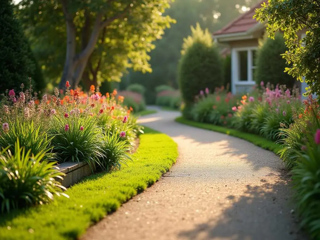 Curved garden pathway with lush flowering walkway borders featuring ornamental grasses, perennials, and shrubs in golden evening light.