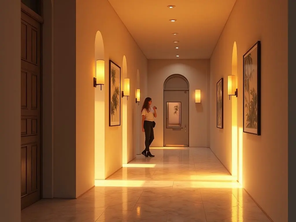 Luxurious hallway with symmetrical wall sconces and recessed lighting creating warm ambiance