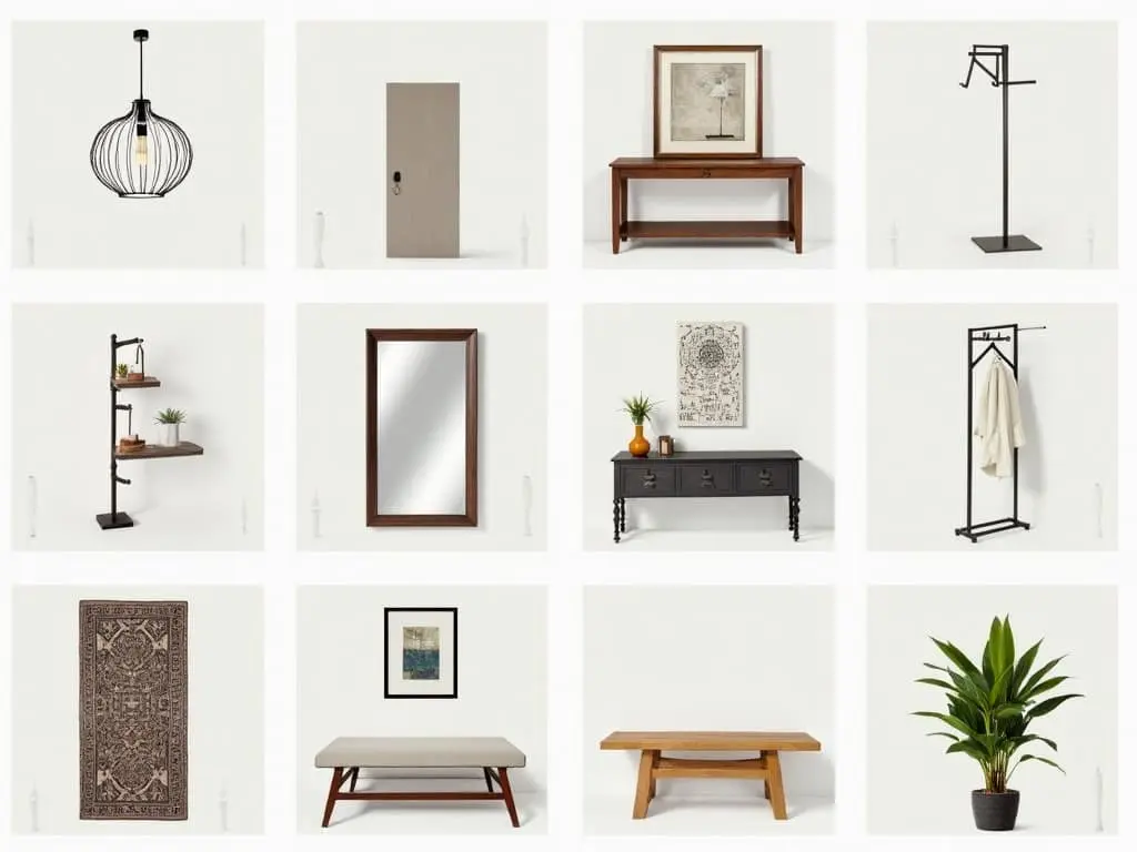 Collection of modern entryway decor tips and furniture items including pendant light, console tables, mirrors, coat racks, and indoor plants against white background.