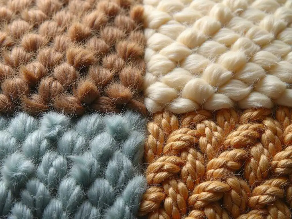 Macro photography of four different rug materials showing detailed weave patterns in earth tones and blue