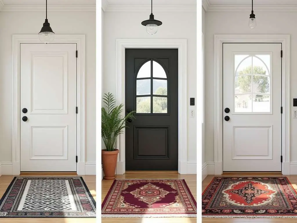 Triptych of three entryway doors featuring different traditional and modern rug designs