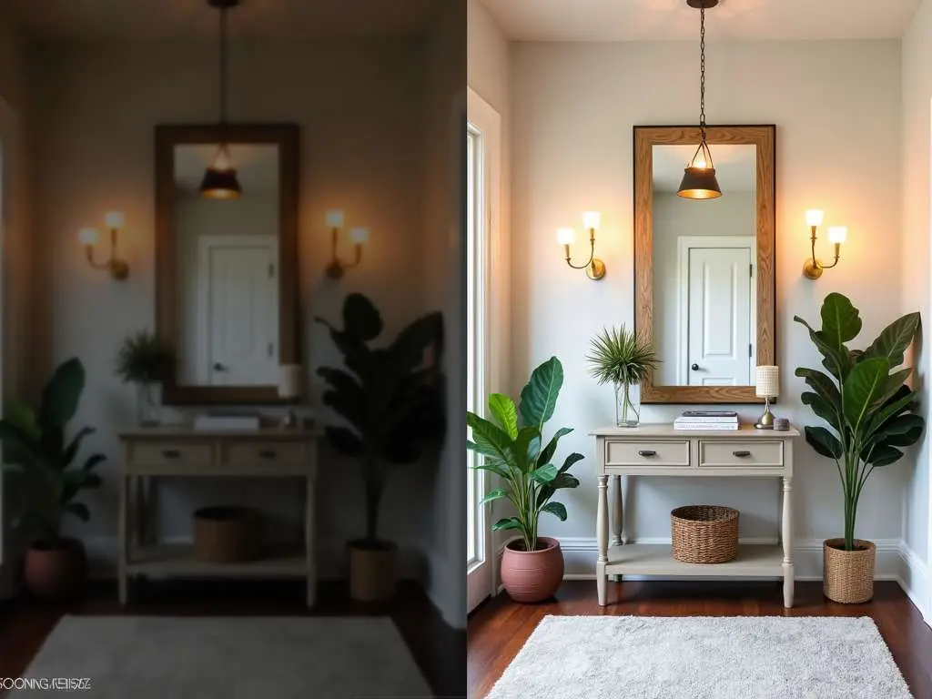 Side-by-side comparison of entryway makeover showing dark before and bright after with console table, mirror, wall sconces, and plants.