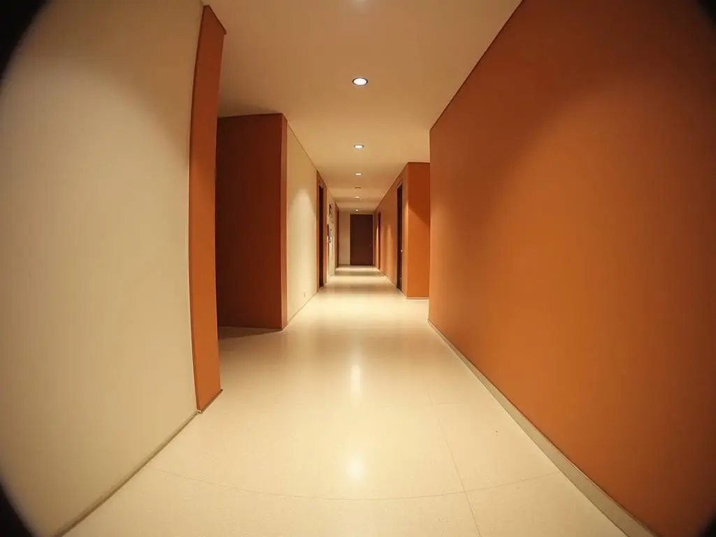 Fisheye view of long hallway with terracotta and cream color scheme and recessed lighting