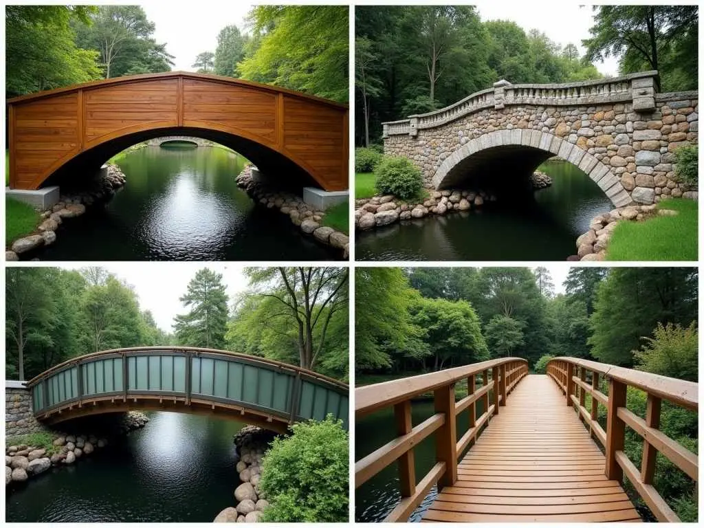 Collection of four garden bridge styles - covered wooden bridge, stone arch bridge, modern glass bridge, and wooden walkway bridge