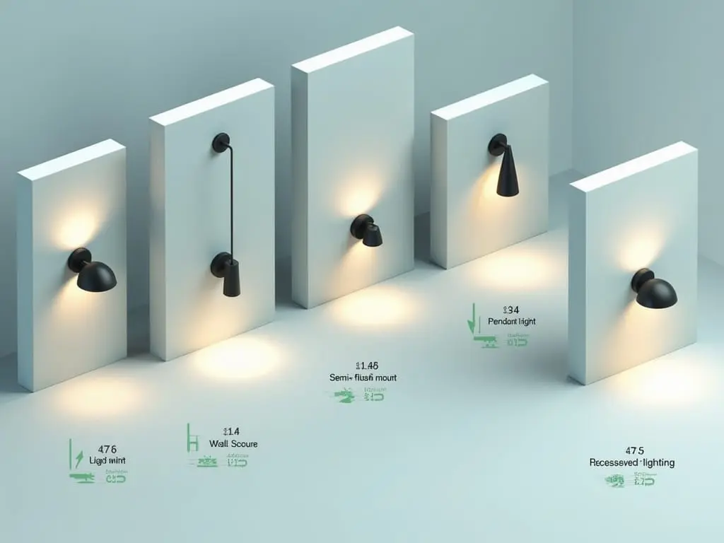 Minimalist display of five different black wall sconce styles with light projection patterns of hallway light fixtures.