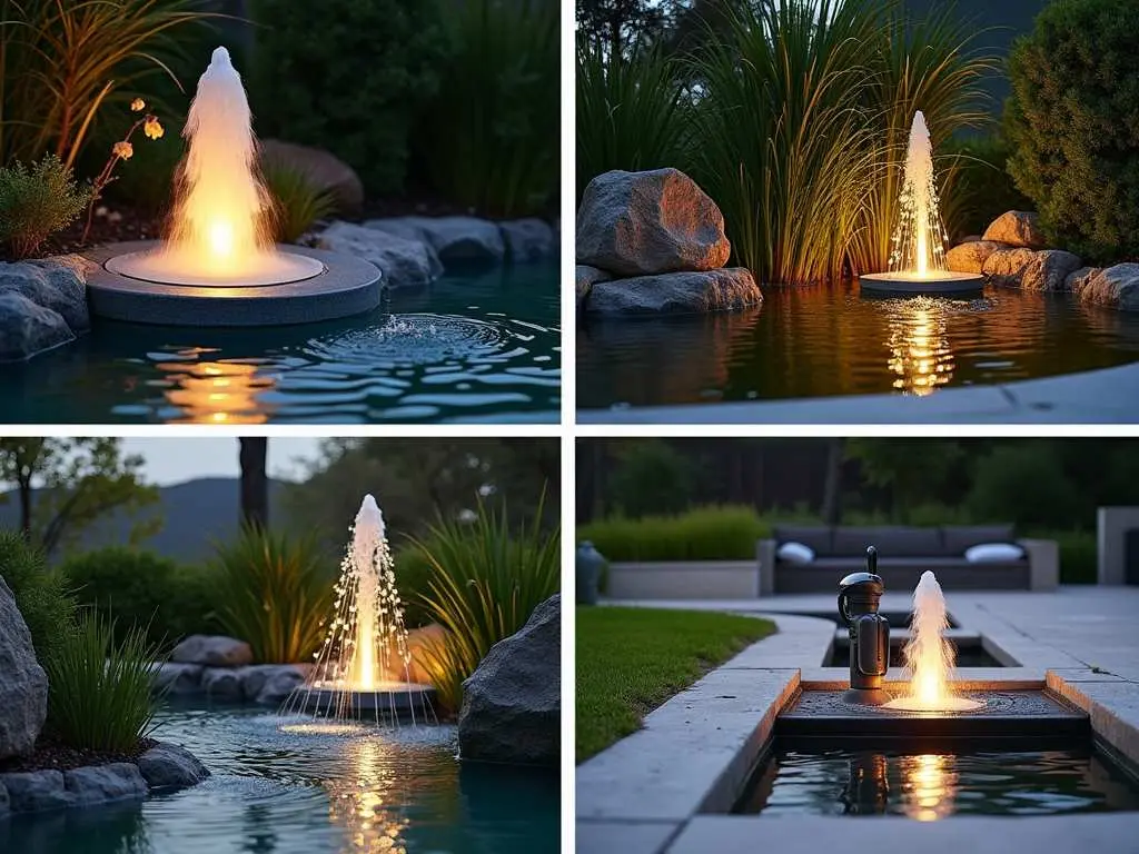 Four modern illuminated water fountains in contemporary garden settings at night with LED lighting