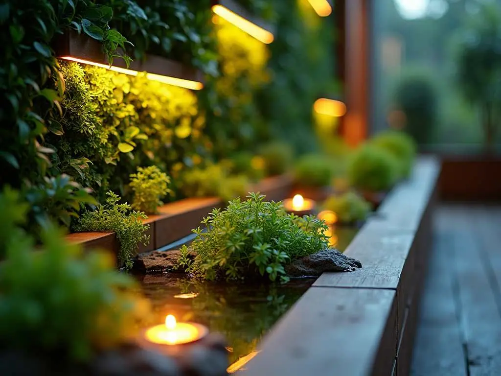 Illuminated rooftop garden featuring floating candles in water feature surrounded by lit greenery