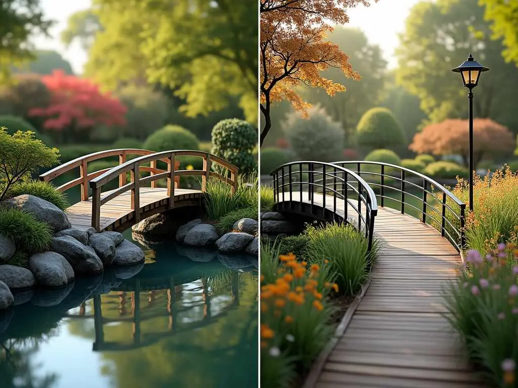 Contrasting Garden Bridges designs - traditional wooden Japanese bridge over koi pond and modern metal bridge with lamp post in autumn garden