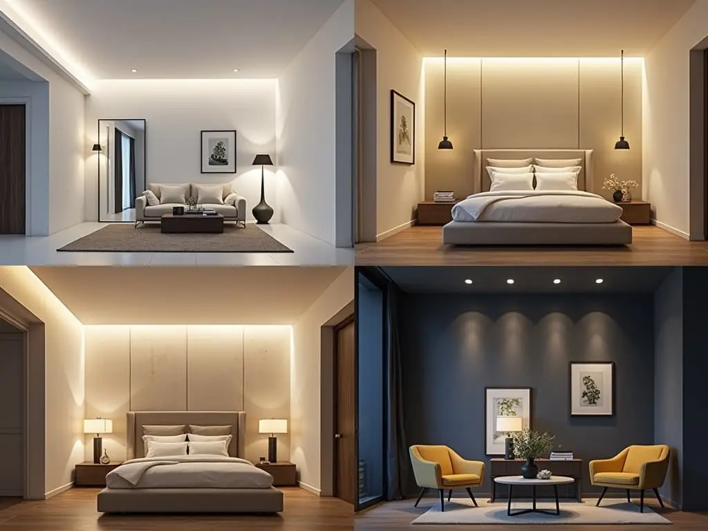 Quadrant view of modern interior lighting solutions featuring living room and bedroom spaces