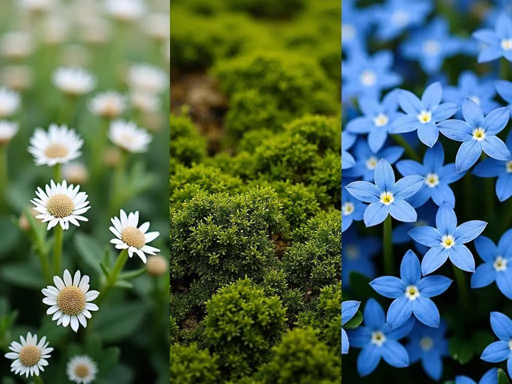 Triptych showing three popular walkway border plants: white daisies, compact boxwood, and blue star flowers in detailed macro photography