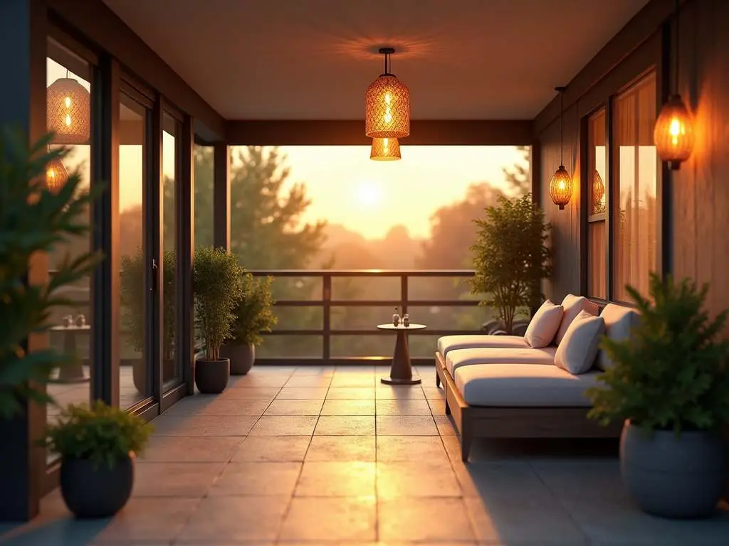 Modern porch design featuring ambient pendant lighting, comfortable seating, and potted plants at sunset with glass railing