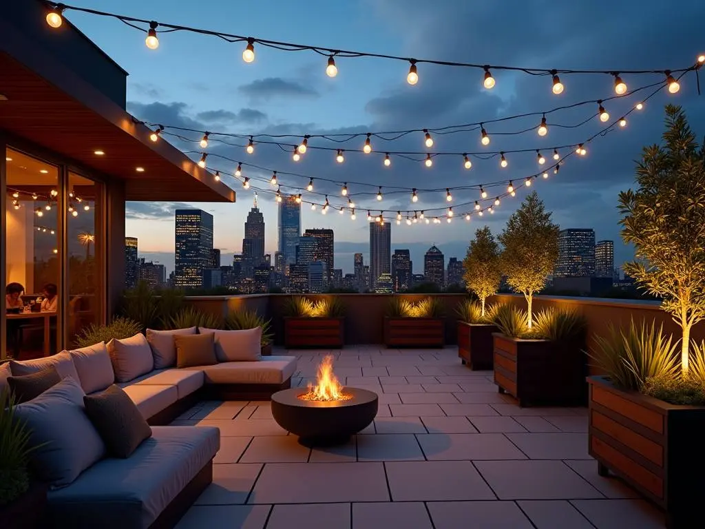 Modern rooftop terrace featuring string lights, sectional sofa, fire pit, and illuminated planters against urban skyline at dusk