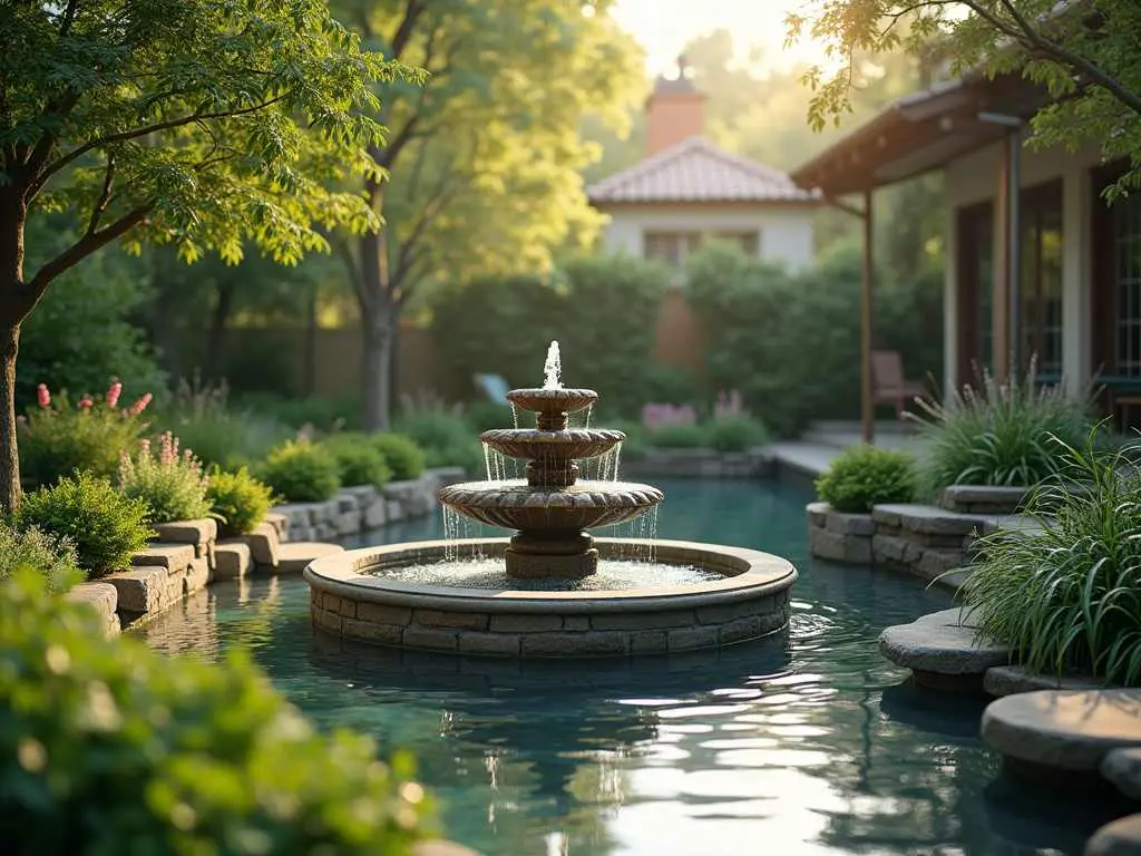 Three-tiered stone fountain centerpiece in landscaped pool with natural stone edging and lush garden surroundings at sunset