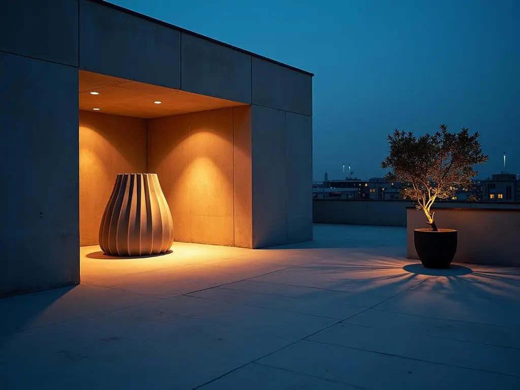 Contemporary rooftop space with sculptural vase and tree illuminated by strategic accent lighting