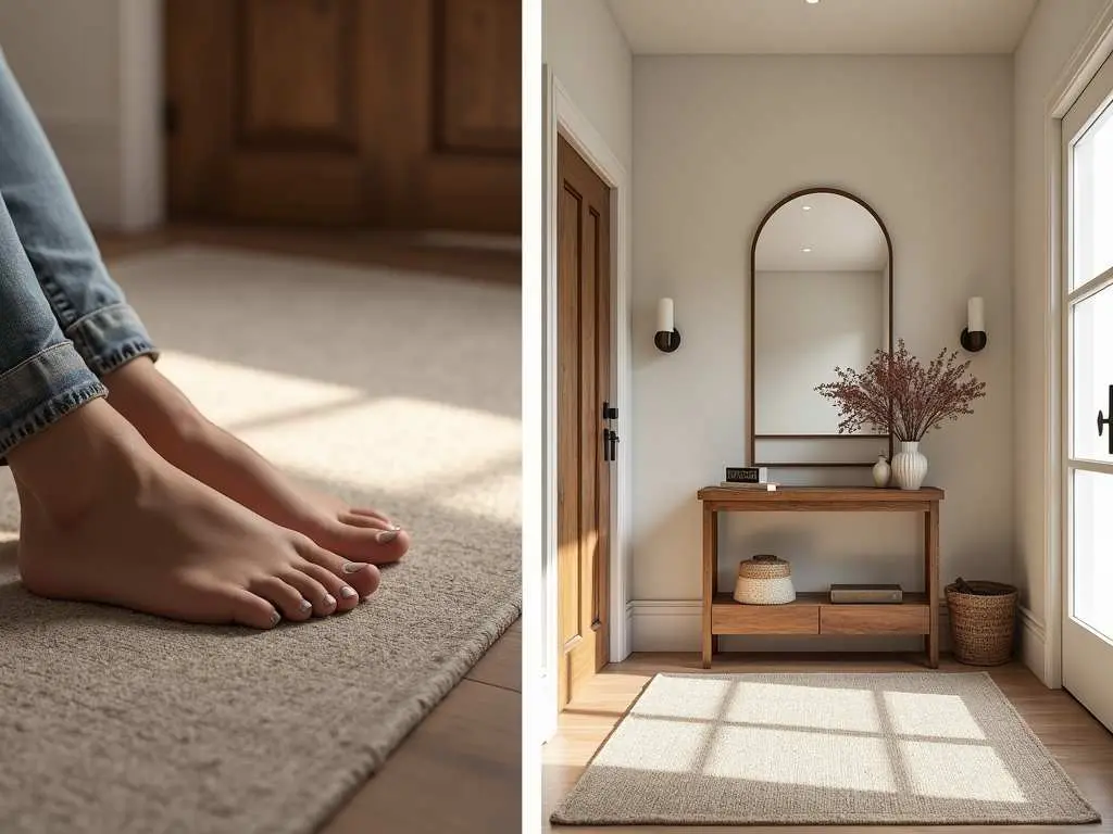 Split view of bare feet on plush entryway rug and minimalist foyer with natural lighting and console table setup