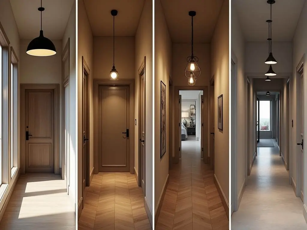 Four modern hallway designs showcasing different pendant light fixtures and natural lighting combinations