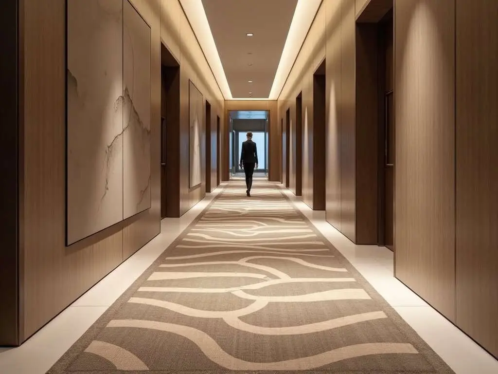 Elegant hotel hallway featuring modern geometric-patterned runner with warm lighting and wood paneling