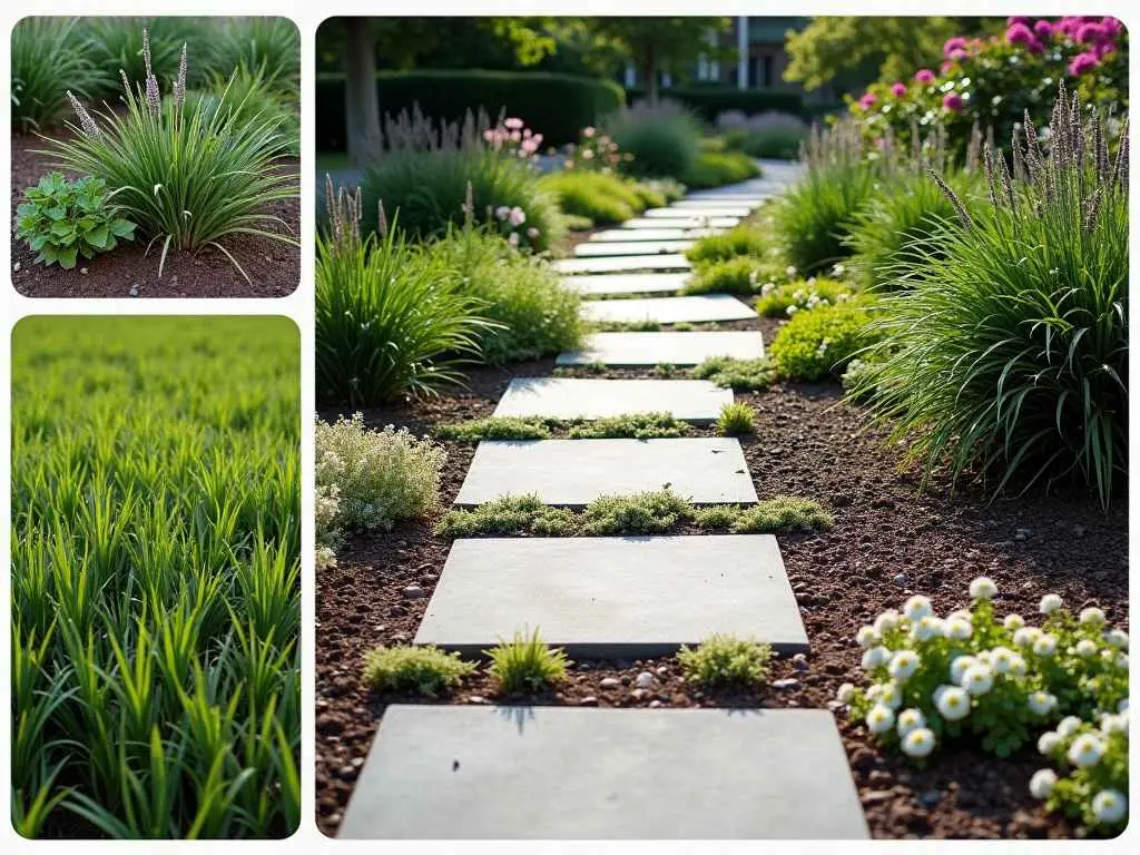 Modern garden pathway with concrete stepping stones bordered by ornamental grasses and flowering perennials in a contemporary landscape design