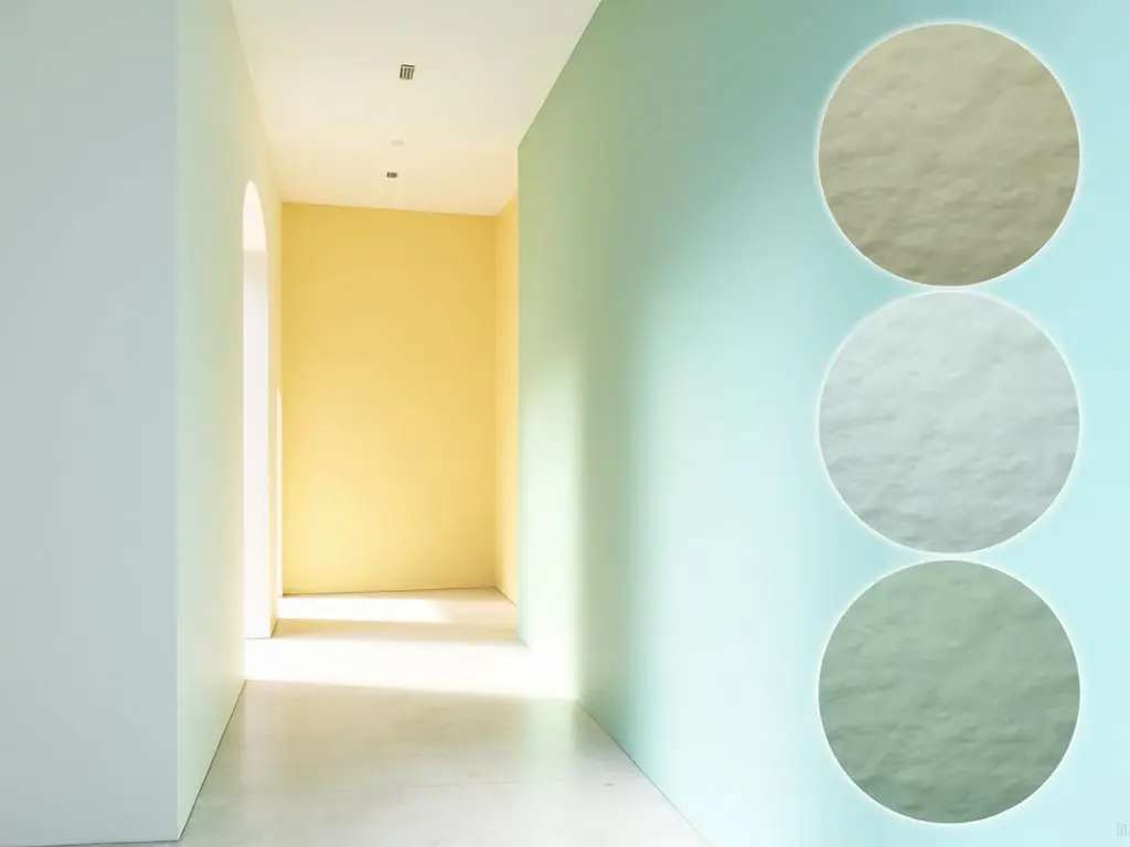 Minimalist hallway with soft pastel transitions and texture sample circles