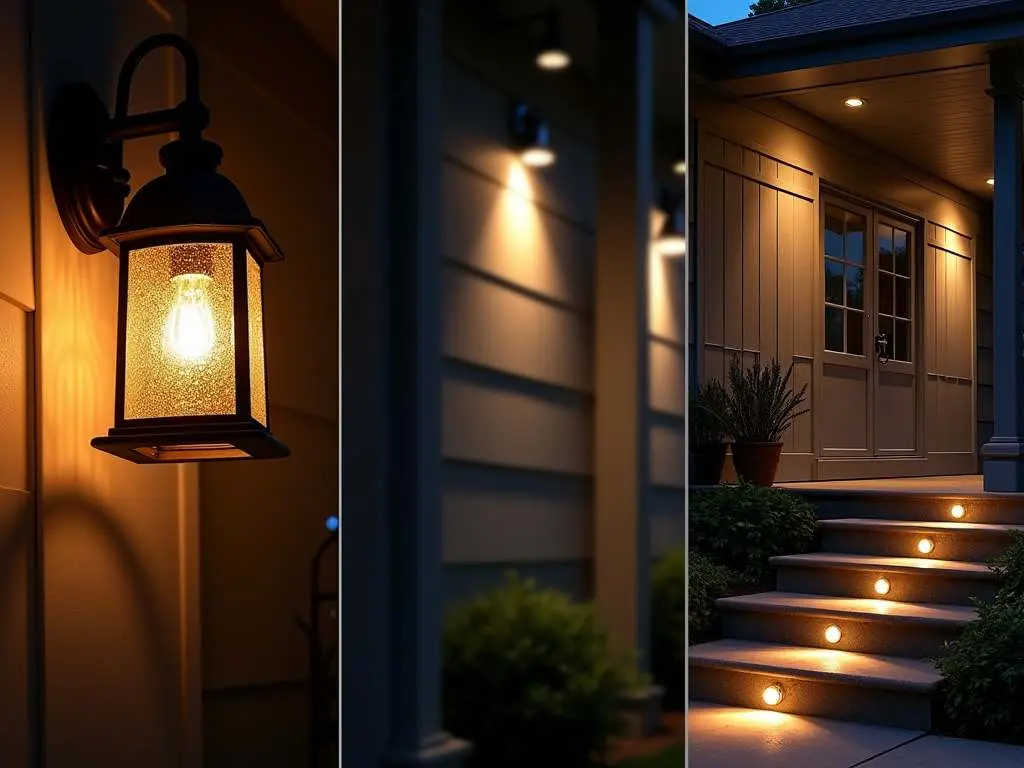 Triptych of porch lighting options showing vintage lantern, recessed lights, and illuminated porch steps.