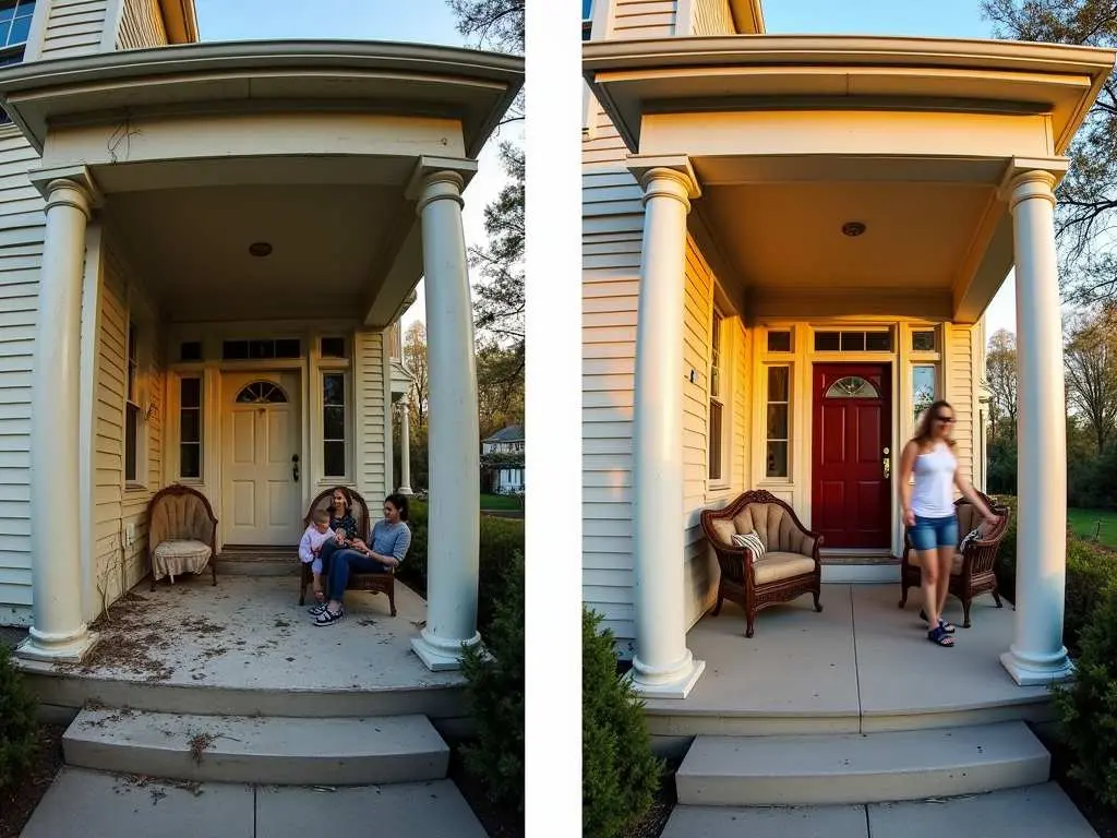 Before and after comparison of porch  upgrades renovation showing improved lighting, flooring, and furniture.