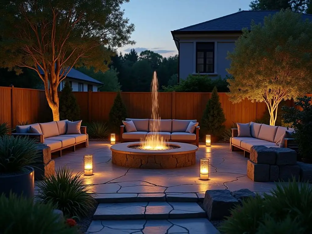 Illuminated outdoor lounge area with central water fountain feature, comfortable seating, and ambient lighting