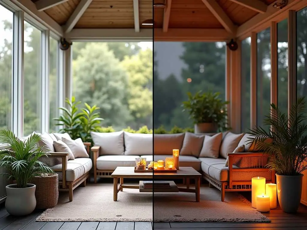 Split-view of a cozy screened porch showing daytime natural lighting and evening ambiance with candles, featuring comfortable sectional seating and tropical plants.