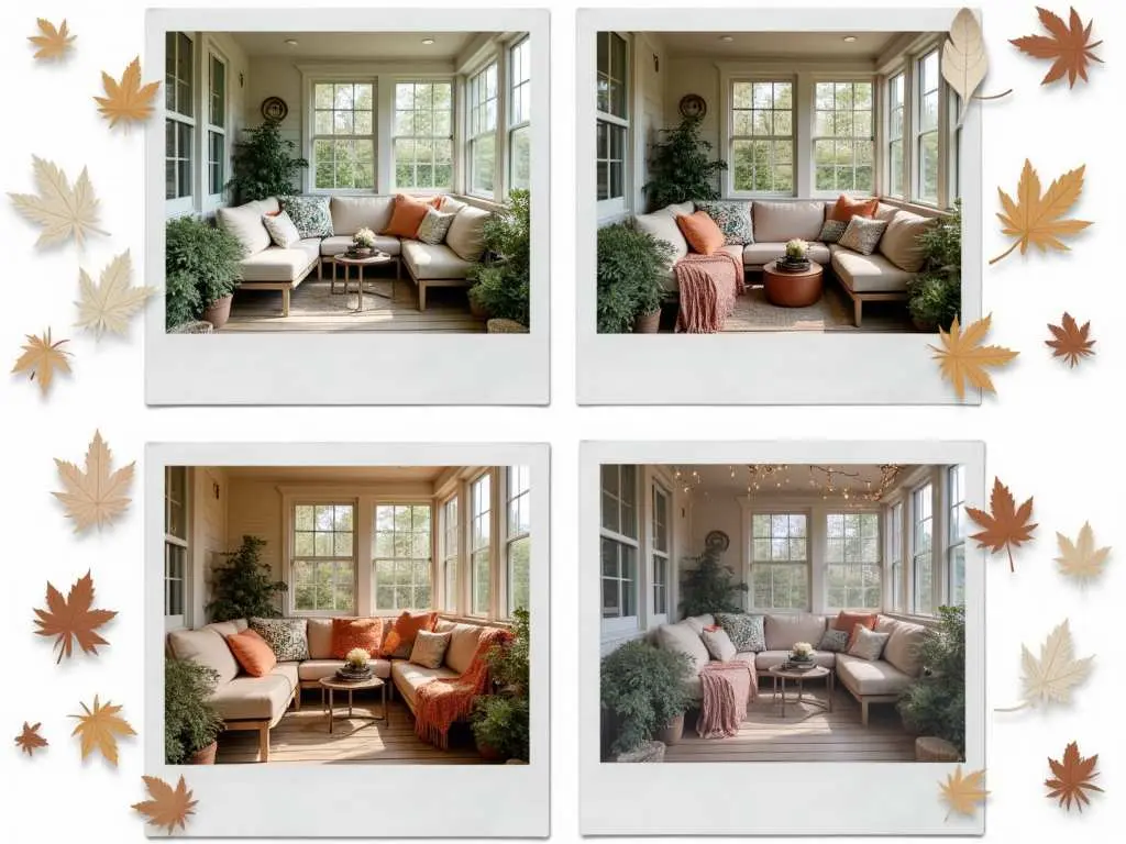 Four-panel Polaroid-style images showing the same screened porch styled for different seasons, featuring changing textiles and decor elements.