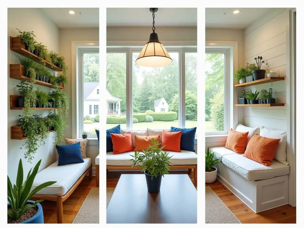 Bright sunroom featuring built-in bench seating, floating wooden shelves with cascading plants, and coral and navy accent pillows.