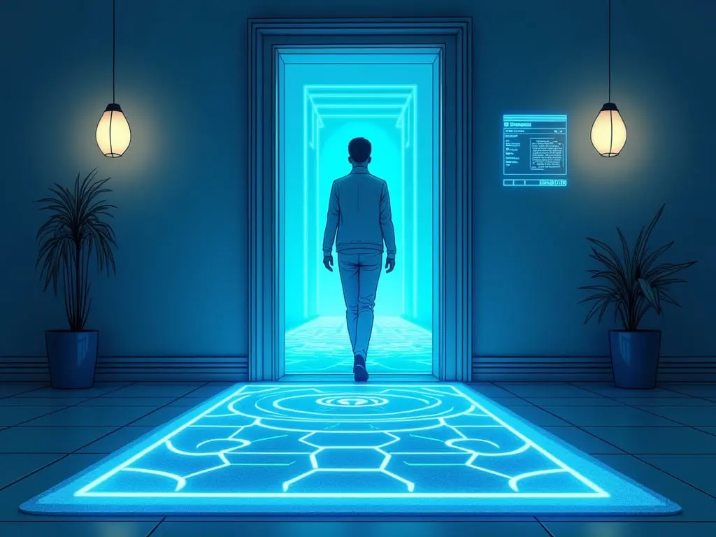 Futuristic entryway featuring an illuminated smart rug with geometric patterns and holographic display

