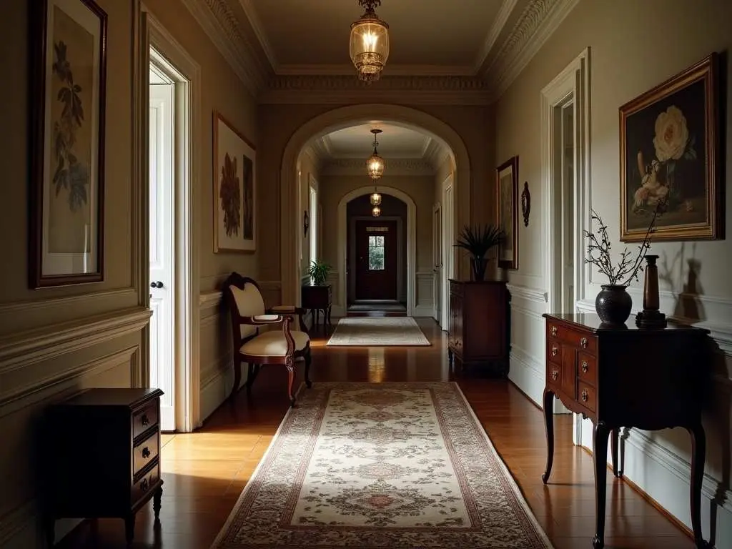 Classic hallway interior with traditional runner, featuring ornate moldings and antique furniture