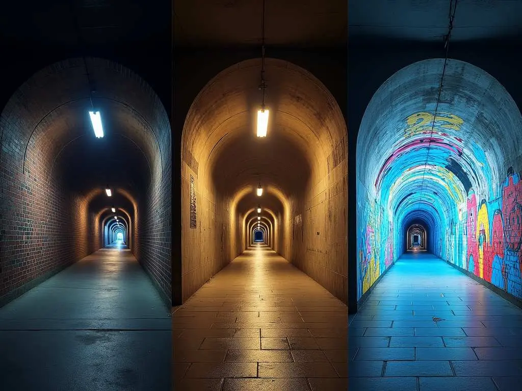 Three-panel comparison showing  art and engineering tunnel evolution from basic brick to artistic design with vibrant murals