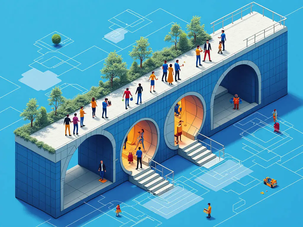 Isometric illustration of tunnel complex showing multiple entrances, pedestrian walkways, and integrated green spaces