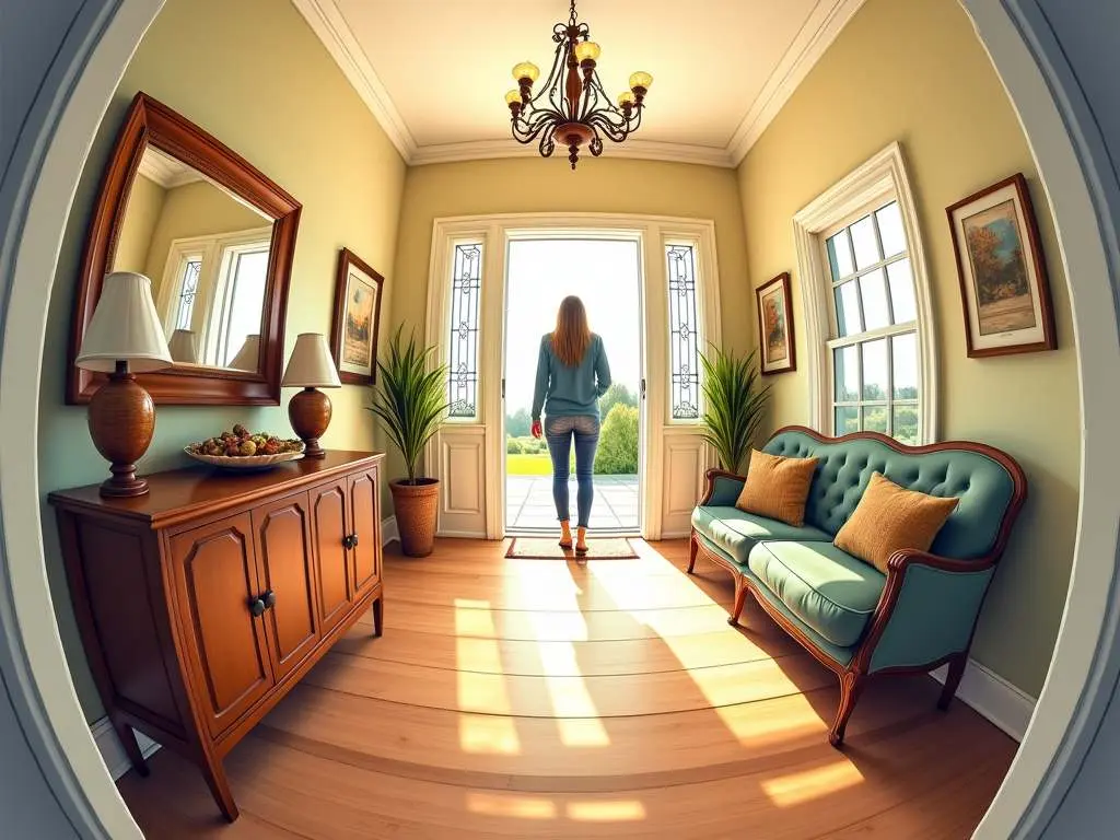 Fisheye view of luxurious entryway with person silhouetted against bright doorway, featuring vintage furniture and warm lighting