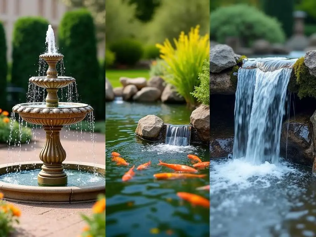 Triptych showing classical fountain, koi pond with waterfall, and natural stone waterfall designs for relaxing yard water features