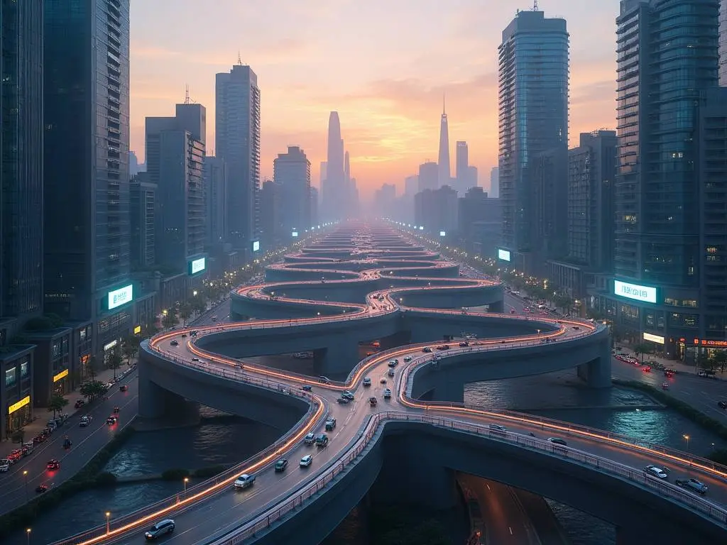 Aerial view of a modern city at sunset with illuminated curved roadways and architectural infrastructure.